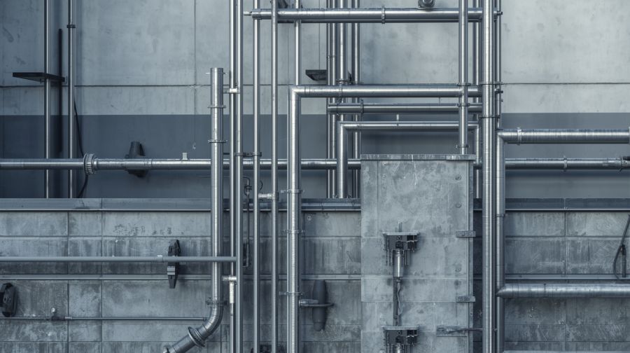 Red de tuberías metálicas visibles instaladas sobre una pared industrial de hormigón, formando un entramado ordenado de conducciones.