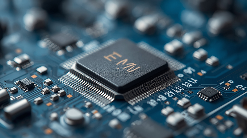 Primer plano de un microchip sobre placa de circuito impreso azul que representa electrónica de microprecisión con utillaje de alta precisión e inspección microscópica.