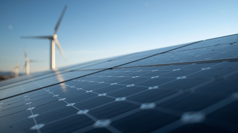 Primer plano de paneles solares con aerogeneradores al fondo, ilustrando soluciones energía y caucho-metal con materiales anticorrosión de alta fiabilidad en exterior para solar, eólico y equipos eléctricos.
