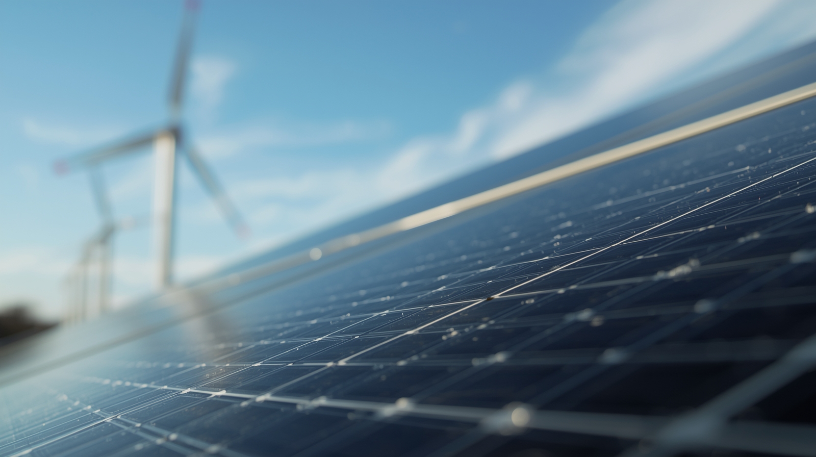 Primer plano de paneles solares bajo un cielo despejado, con aerogeneradores desenfocados al fondo.