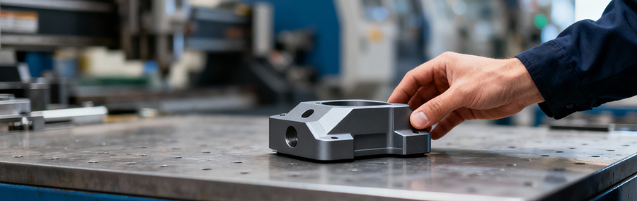 Mano sujetando o colocando una pieza mecánica metálica terminada sobre una mesa de trabajo en un entorno industrial.