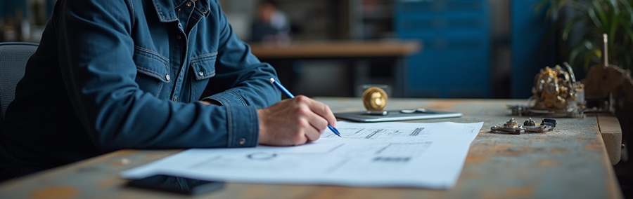 Persona sentada en una mesa de trabajo revisando y anotando sobre unos planos técnicos extendidos, con herramientas y piezas mecánicas visibles alrededor.
