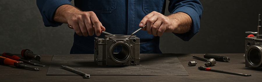 Primer plano de unas manos trabajando con herramientas sobre una pieza mecánica metálica, colocada sobre una mesa de trabajo, con varias herramientas alrededor.